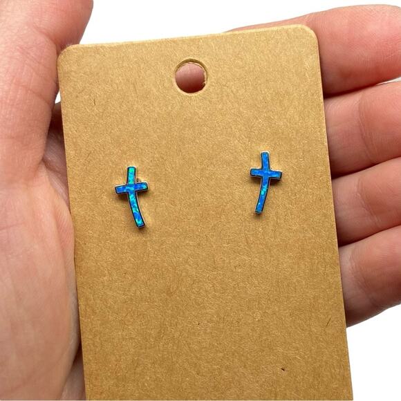 Blue Fire Opal Cross Earrings Solid 925 Sterling Silver Post Stud Pierced Gift - Picture 7 of 9